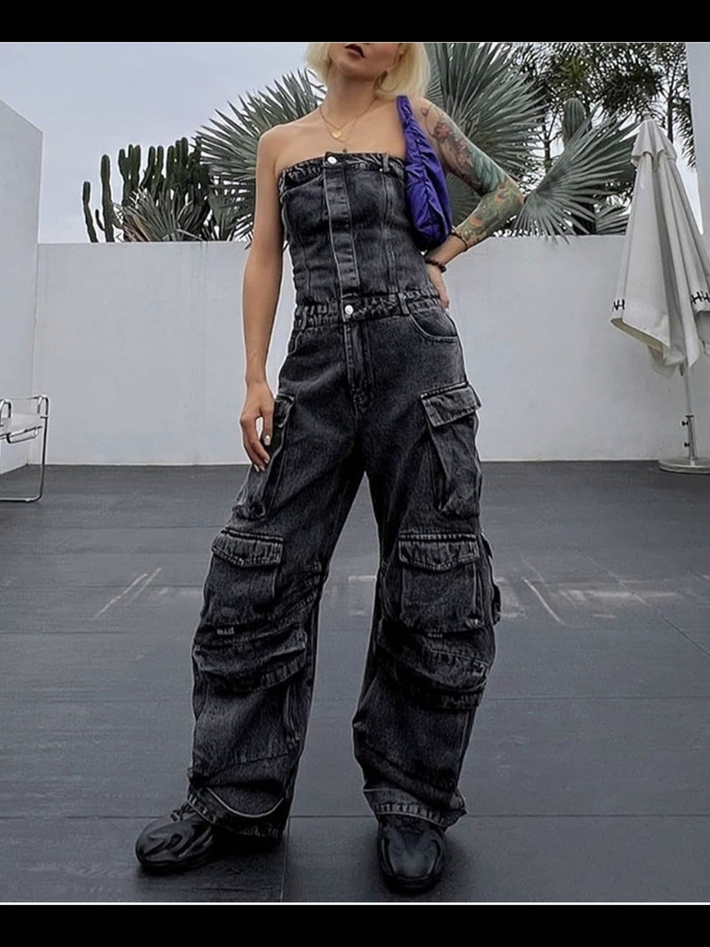 Women's Black Washed Cargo Denim Jumpsuit Tube Top Size L